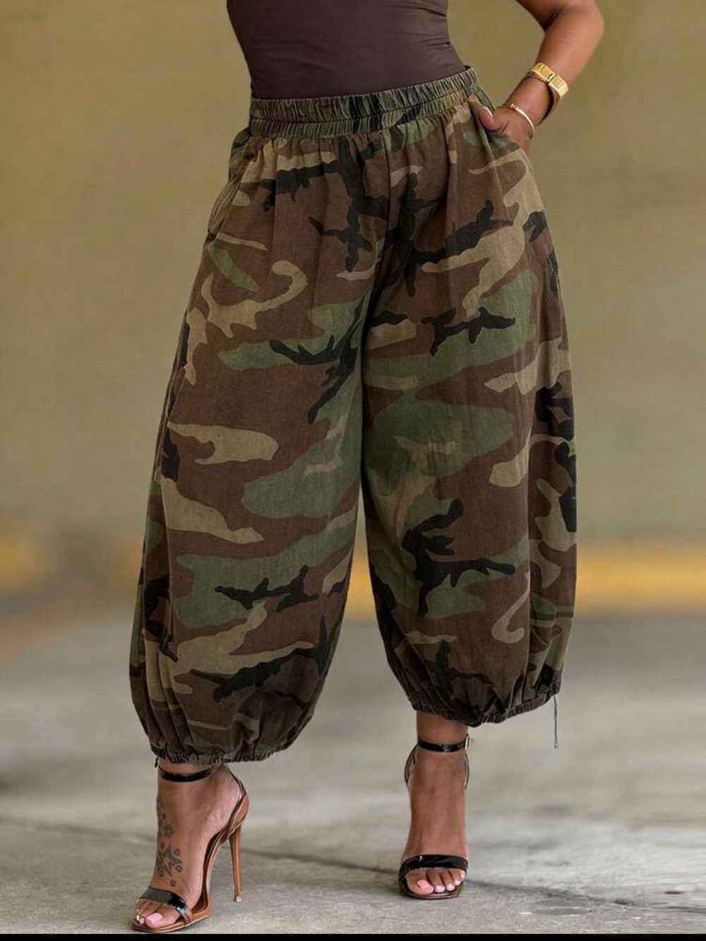 Camo Elastic-Waist Harem Pants - Olive Camo